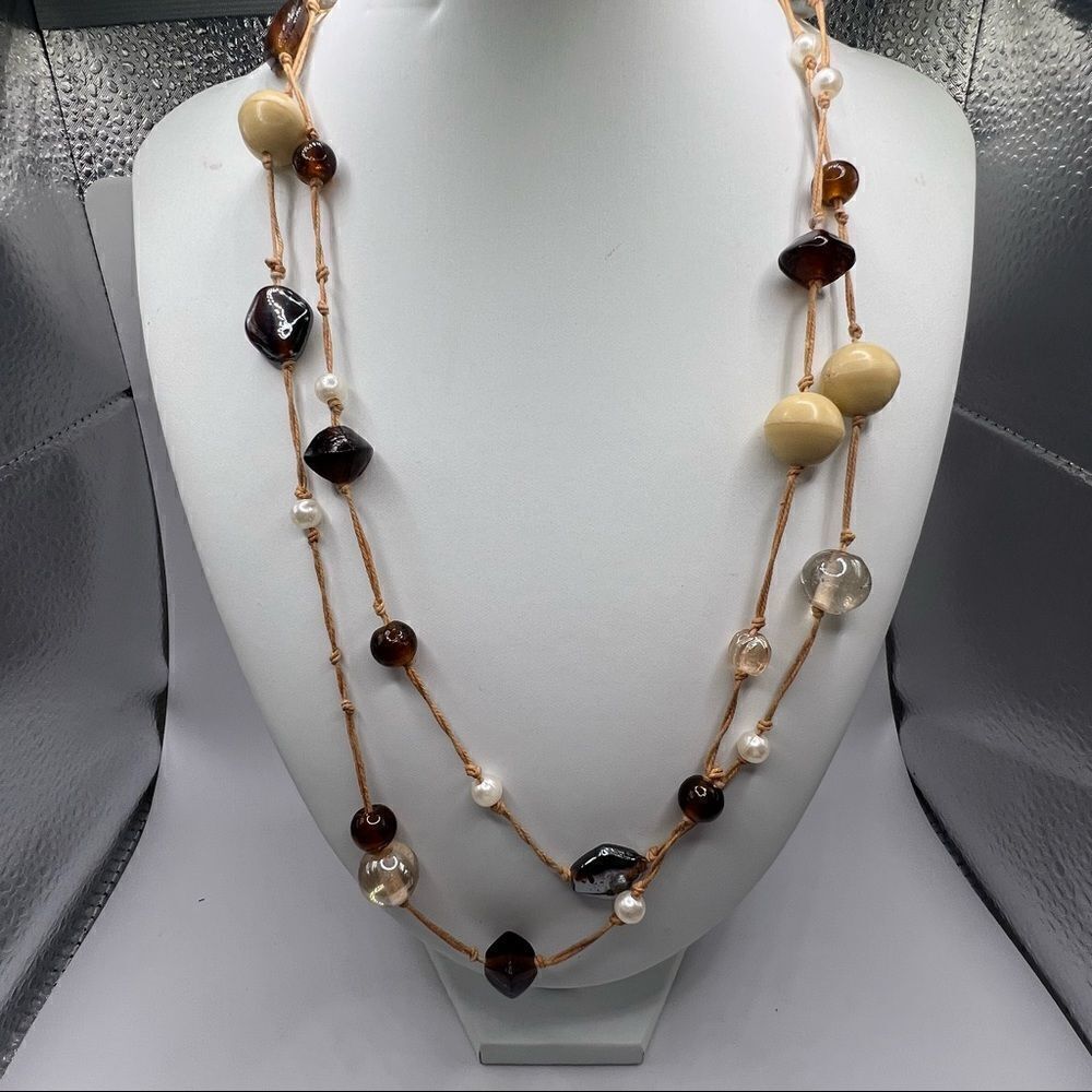 Long Twine-Like/Rope Beaded Necklace. Faux Pearl and Glass Beaded Long Necklace.